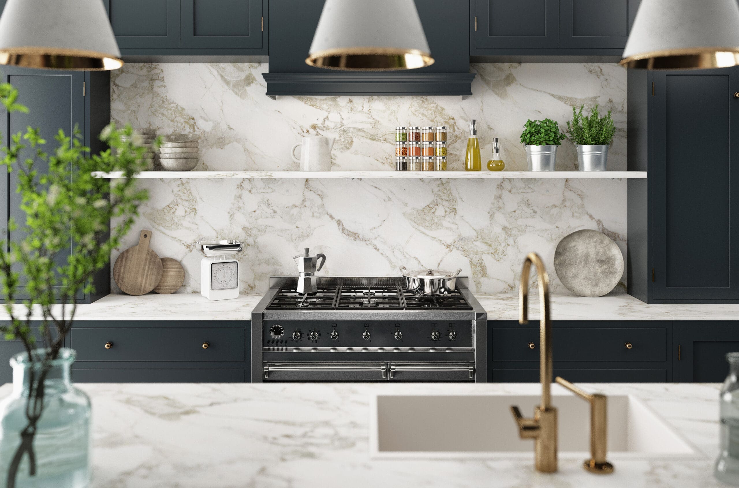 Modern kitchen with dark cabinets, marble countertops and backsplash, a stainless steel stove, potted plants, kitchenware on open shelves, and pendant lights hanging above a white sink—perfect for quality kitchen installations.